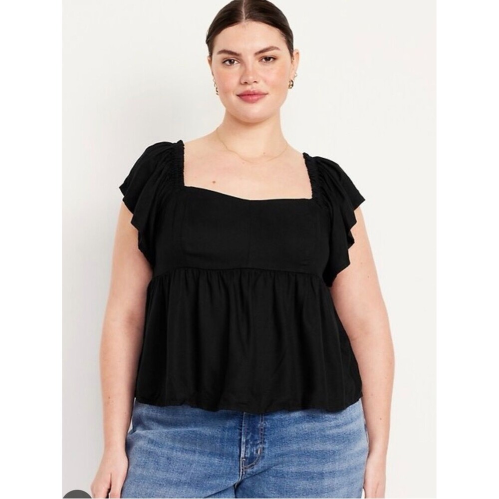 Old Navy Black Smocked Babydoll Top XL Flutter Sleeve Flowy Blouse Boho